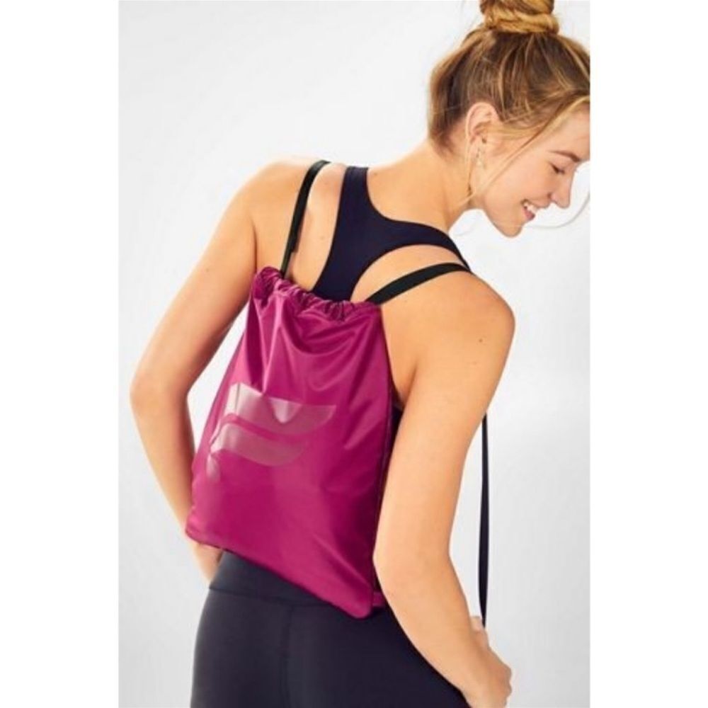 Fabletics raspberry GWP drawstring cinch backpack